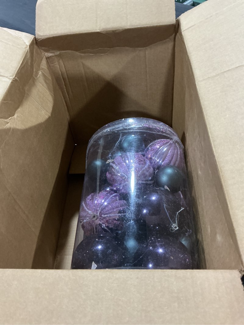 Condition photo showing As Is for MARTINE MALL 24PCS 4in & 2.4in Large Christmas Tree Ornaments, Purple Blue Black Christmas Ornaments Set, Glitter Shatterproof Christmas Ball Ornament for Xmas Tree Holiday Party