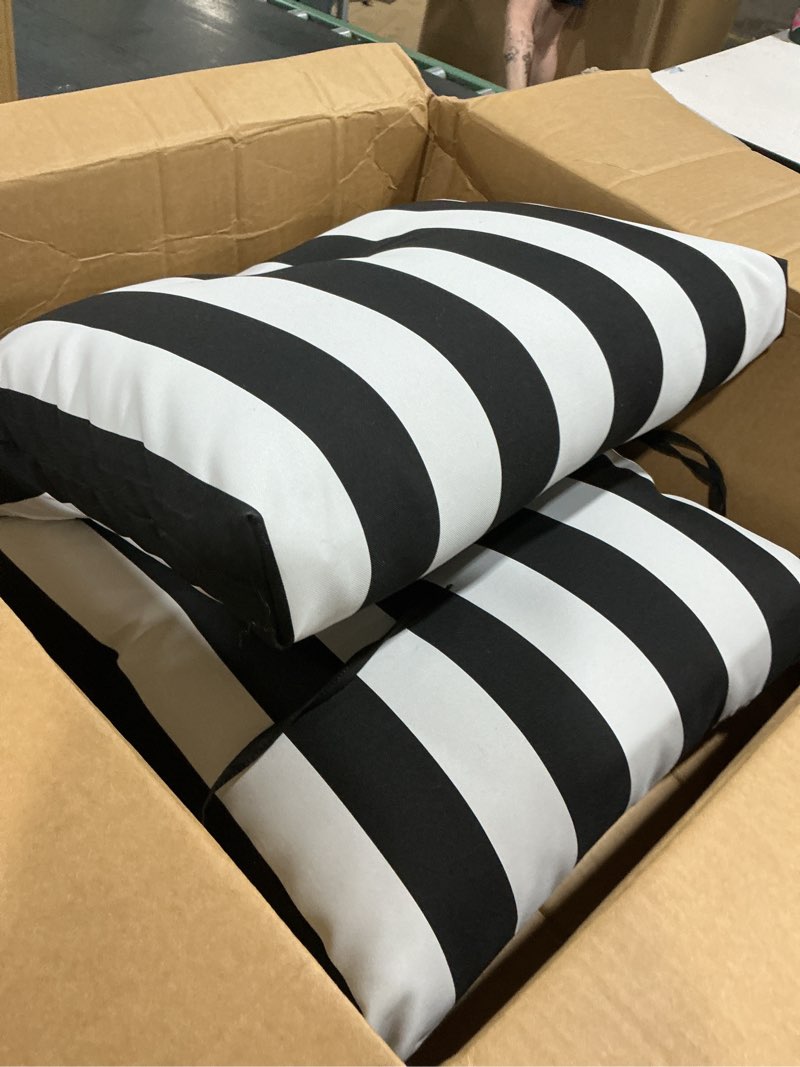 Condition photo showing Good Condition for arden outdoor plush modern tufted blowfill dining chair cushion, 21 x 40, rain-proof, fade resistant, tufted cushion for dining and bistro chairs black cabana stripe modern black cabana stripe