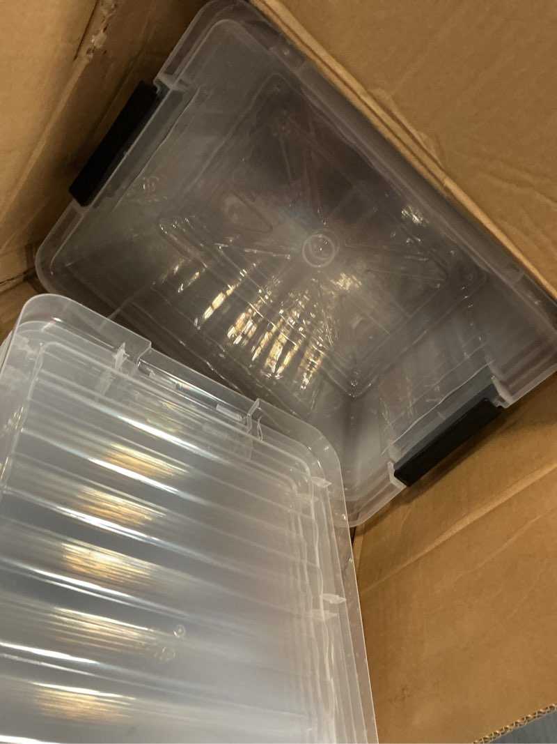 Condition photo showing As Is for cetomo lidded storage bin, stackable storage box with lid and snap lock, clear platsic bin for dorm, bedroom, closet, 18 quart, pack of 6 18qt*6 ( incomplete