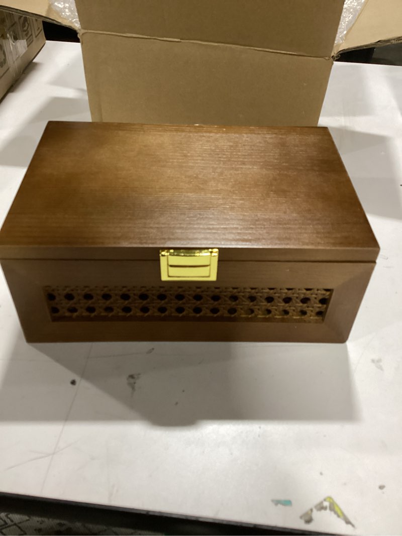 Condition photo showing New/Like New for Decorative Rattan Storage Boxes Solid Wood Woven Baskets Bins with Lid Keepsake Memory Jewelry Box Natural Boho Shelf Wicker Closet Desk Organizer Container (Black, Small Size) Small Black