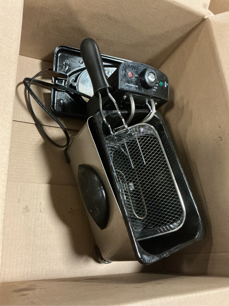 Condition photo showing As Is for ovente electric deep fryer 2 liter capacity, 1500 watt lid with viewing window and odor filter, adjustable temperature, removable frying basket and easy to clean stainless steel body, silver fdm2201br fdm2201br - silver