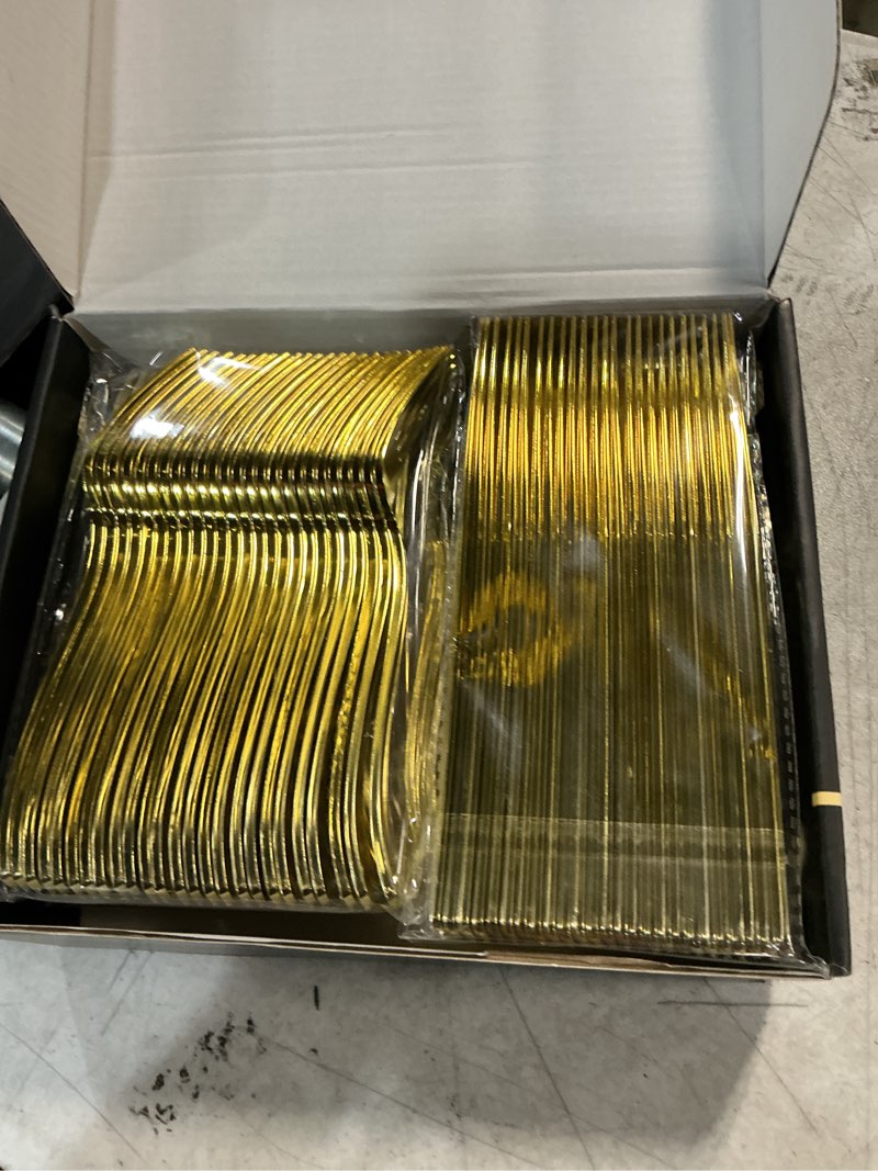 Condition photo showing New/Like New for dealusy 200 count heavy duty gold plastic silverware, 100 forks, 50 spoons, 50 knives, bpa-free, heat resistant, disposable plastic utensils set cutlery set, plasticware bulk