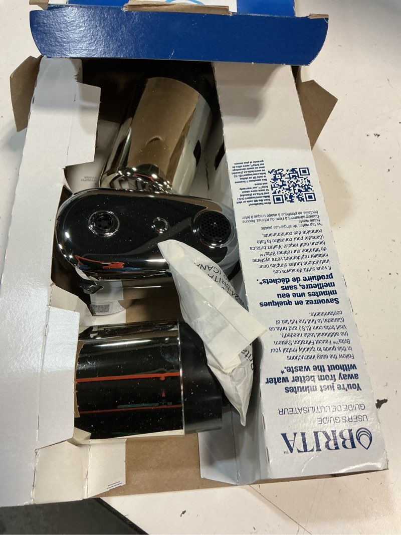 Condition photo showing As Is for brita faucet mount water filter system, chrome, no-wait filtration, easy install, multi-use tap water filter for kitchens, bathrooms & small spaces 1 faucet mount + 2 filters