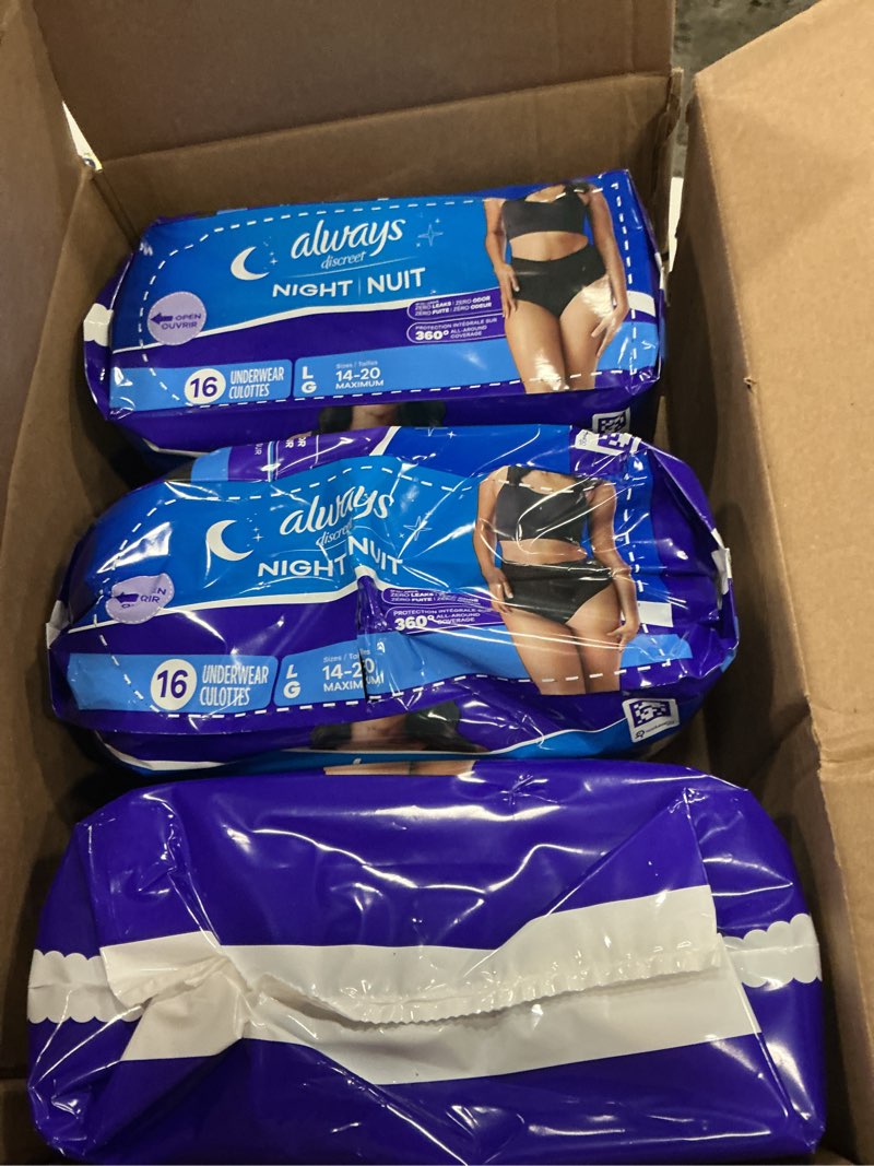 Condition photo showing New/Like New for always discreet adult incontinence overnight underwear for women, l, up to 100% bladder leak protecountion, 48 count