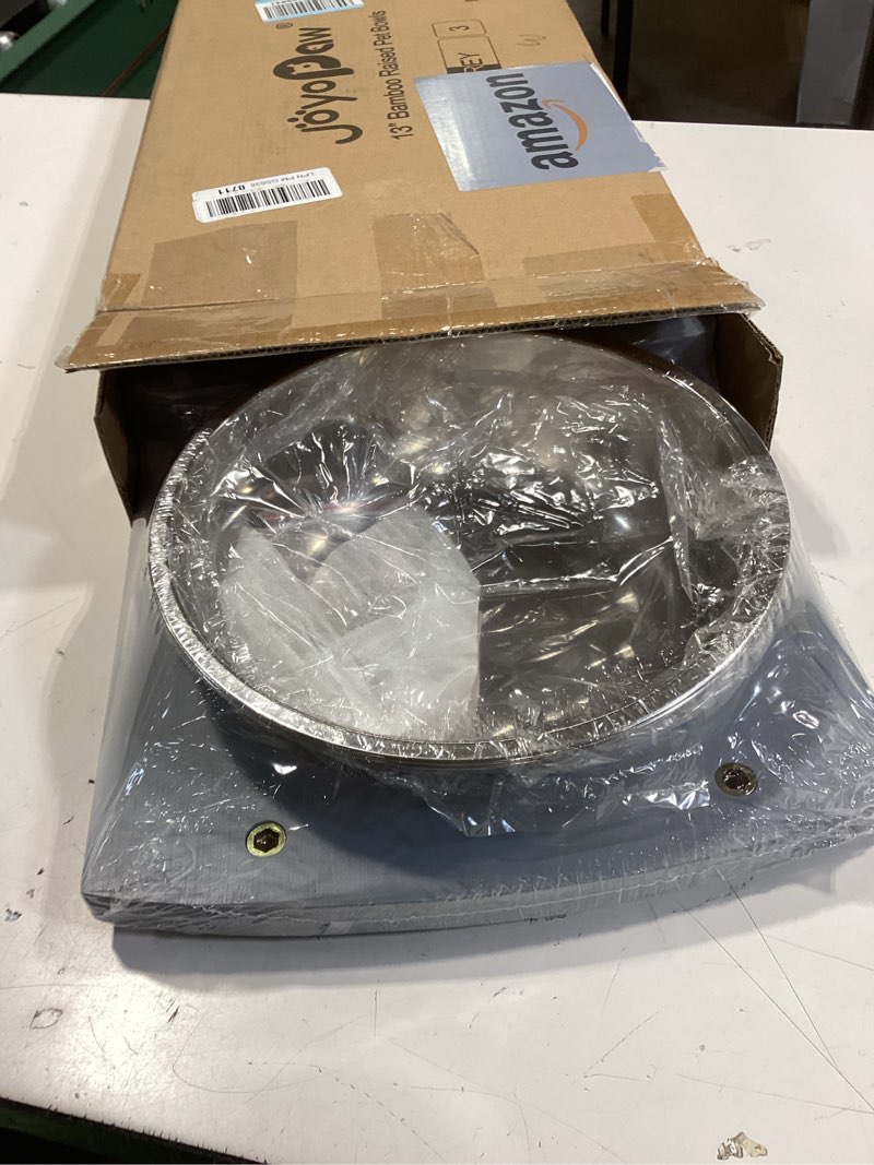 Condition photo showing Good Condition for elevated dog bowls, bamboo raised dog bowl for large dogs, with 2 stainless steel bowls (13'' tall-68oz bowl, grey) grey x large: 13'' tall-68oz bowl