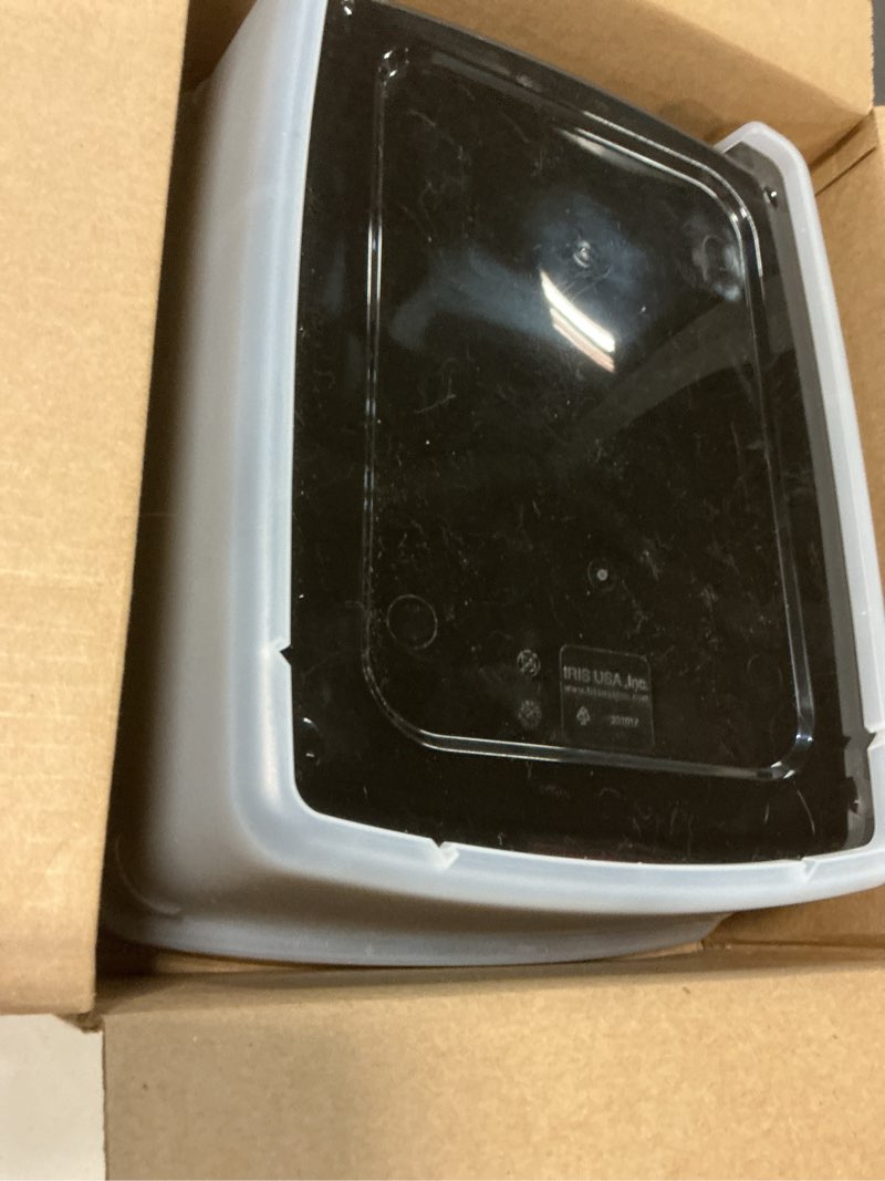 Condition photo showing As Is for IRIS USA 2 Pack Large Open Top Cat Litter Box with High Sides, Scatter Shield & Scoop, Black, for Indoor Cats, Kittens or Multicat Homes