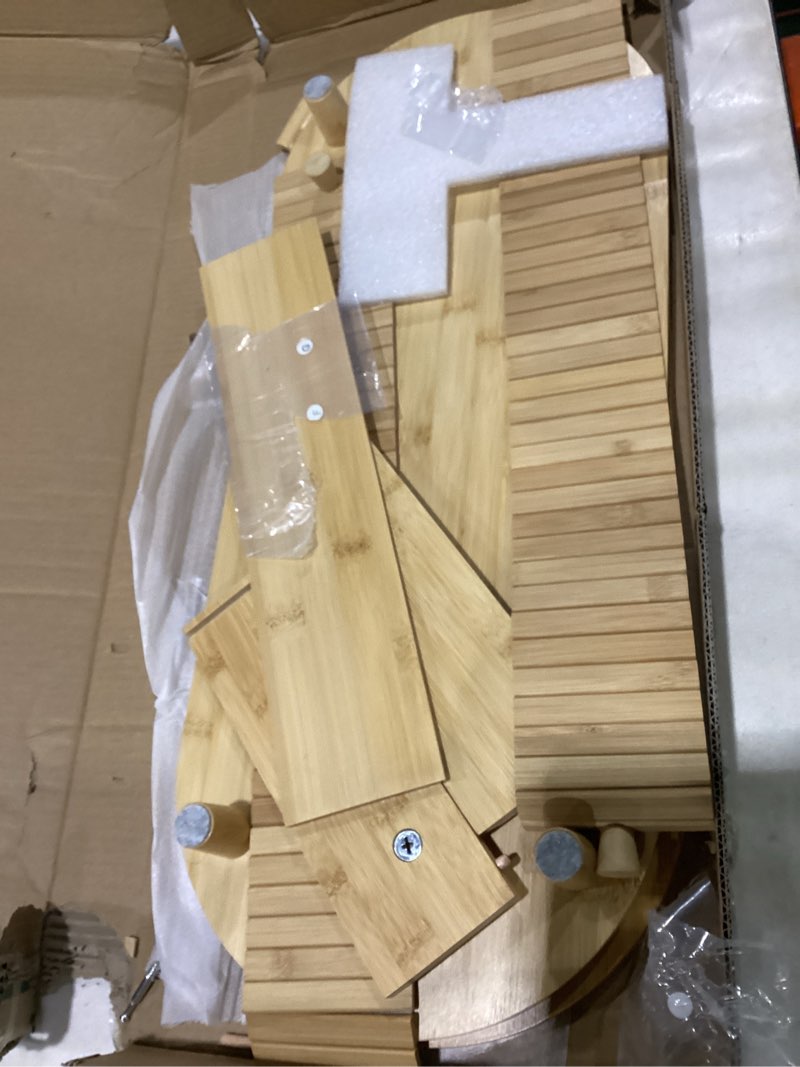 Condition photo showing Good Condition for bamboo monitor stand with storage, curved computer laptop stand desk shelf organizer with sliding doors (25 inch) natural bamboo 25 inch