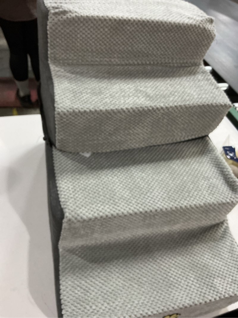 Condition photo showing As Is for Dog Stairs Pets Steps 4 Gray Pet Ladder for Sofa Couch and Bed Made of High Density Sponge Stairs with Removable Washable Cover Non-Slip Base 18" H 4-Steps Gray