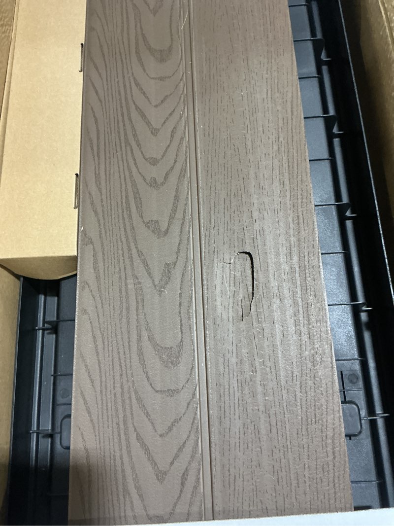 Condition photo showing As Is for oak vinyl resin garden bed planter with storage shelf (44 in. l x 18 in. w x 31 in. h)