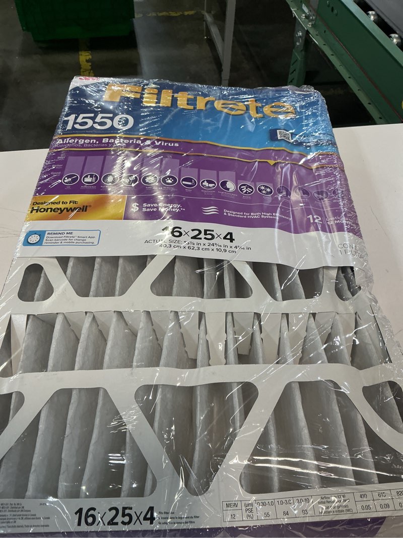 Condition photo showing As Is for filtrete 16-in w x 25-in l x 4-in merv 12 1550 mpr allergen, bacteria and virus electrostatic pleated air filter