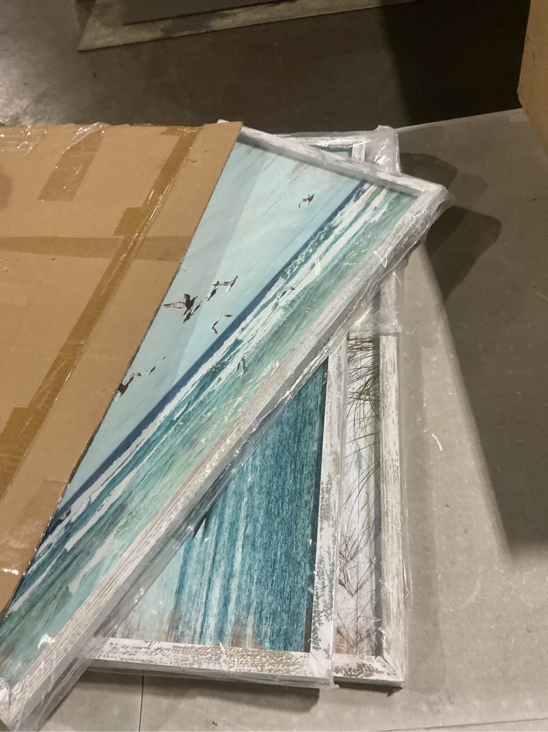 Condition photo showing Good Condition for starfish prints wooden wall art: ocean art set of 4 seashell pictures collection beach framed wall decor for bedroom overall 36"w x 24"h white sand dollar 12"x12"x2 pcs + 12"x24"x2 pcs