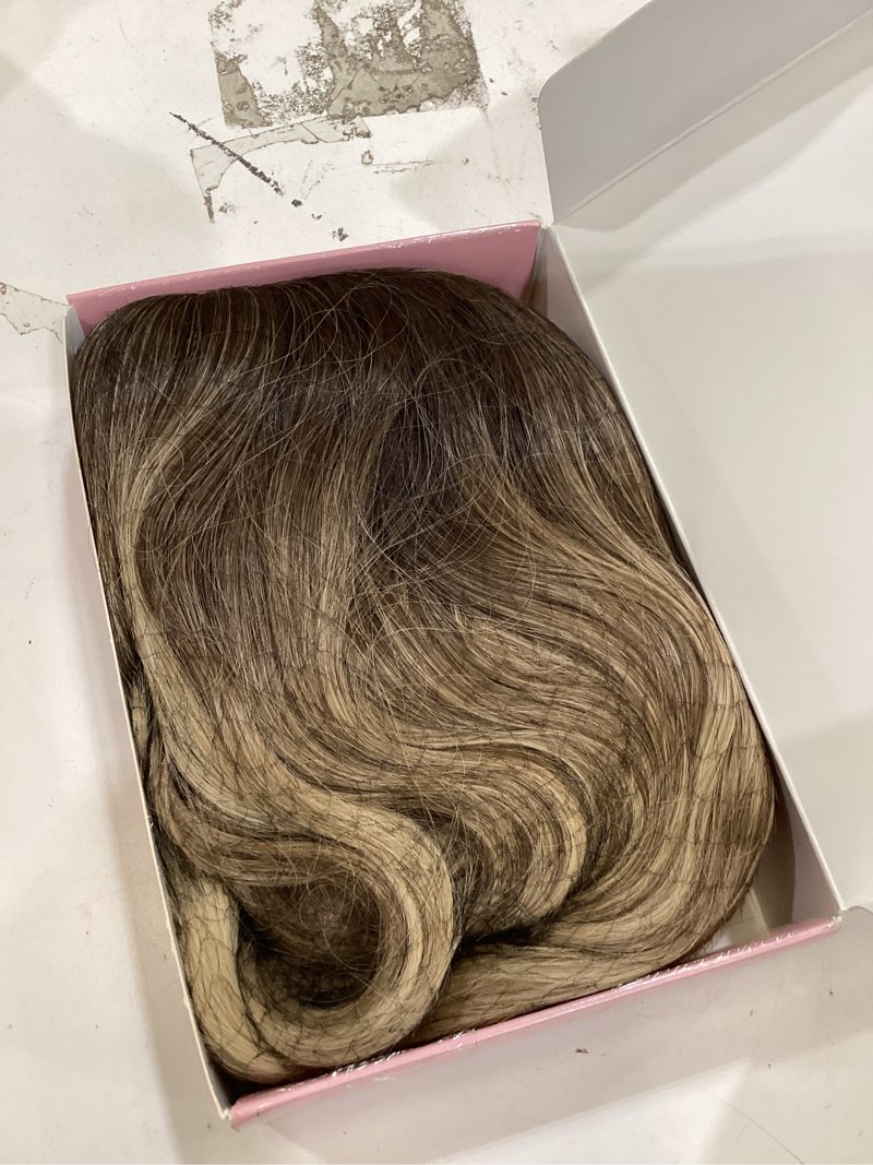 Condition photo showing Good Condition for short brown wavy wig with bangs for women light brown curly wig shouder length bob curly wavy wig ombre brown wig with dark roots synthetic natural wavy heat resistant fiber hair for daily use 14 inch
