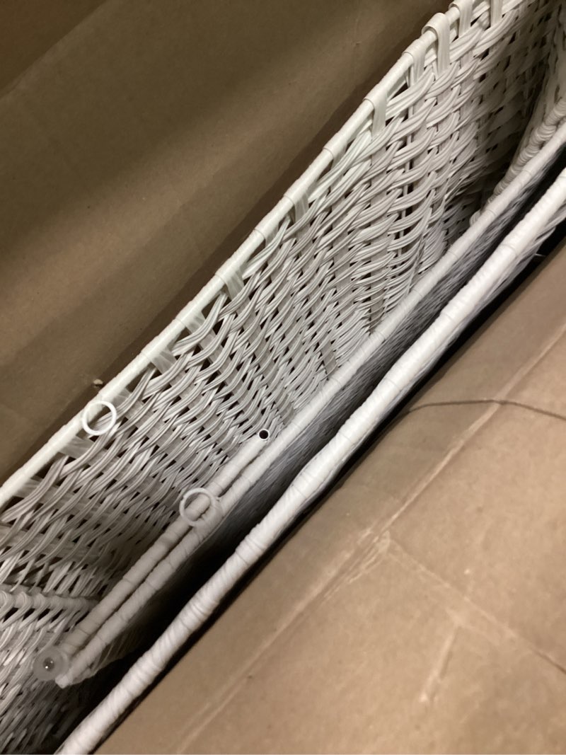 Condition photo showing As Is for ( incomplete);Laundry Hamper with Lid Laundry Basket 132 L (35 Gal) Wicker Clothes Hamper, Handwoven Rattan Hamper with Handles and 4 Removable Liner Bags, 6 Mesh Bags for Laundry Bedroom White
