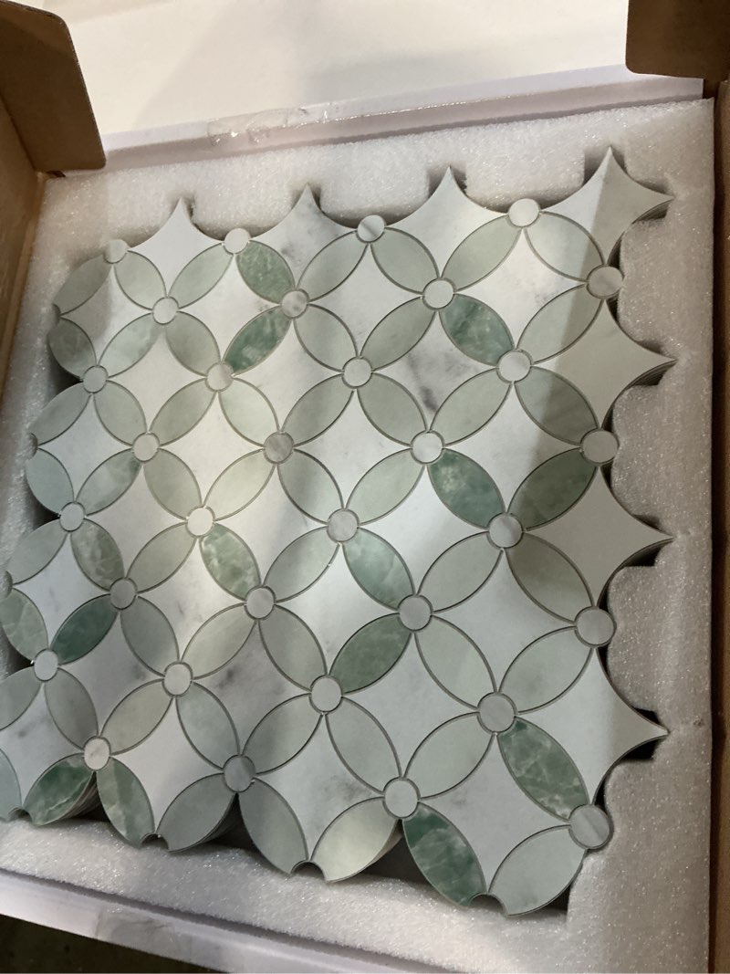 Condition photo showing Good Condition for SUNWINGS 10-Sheet Peel and Stick Backsplash Coin Waterjet Tile, 11.2" x 11.2" Green Marble Looks Self Adhesive Wall Tile Stick on Backsplash for Kitchen, Bathroom, Fireplace, Shower Green 11.2" x 11.2" (10 Sheets)