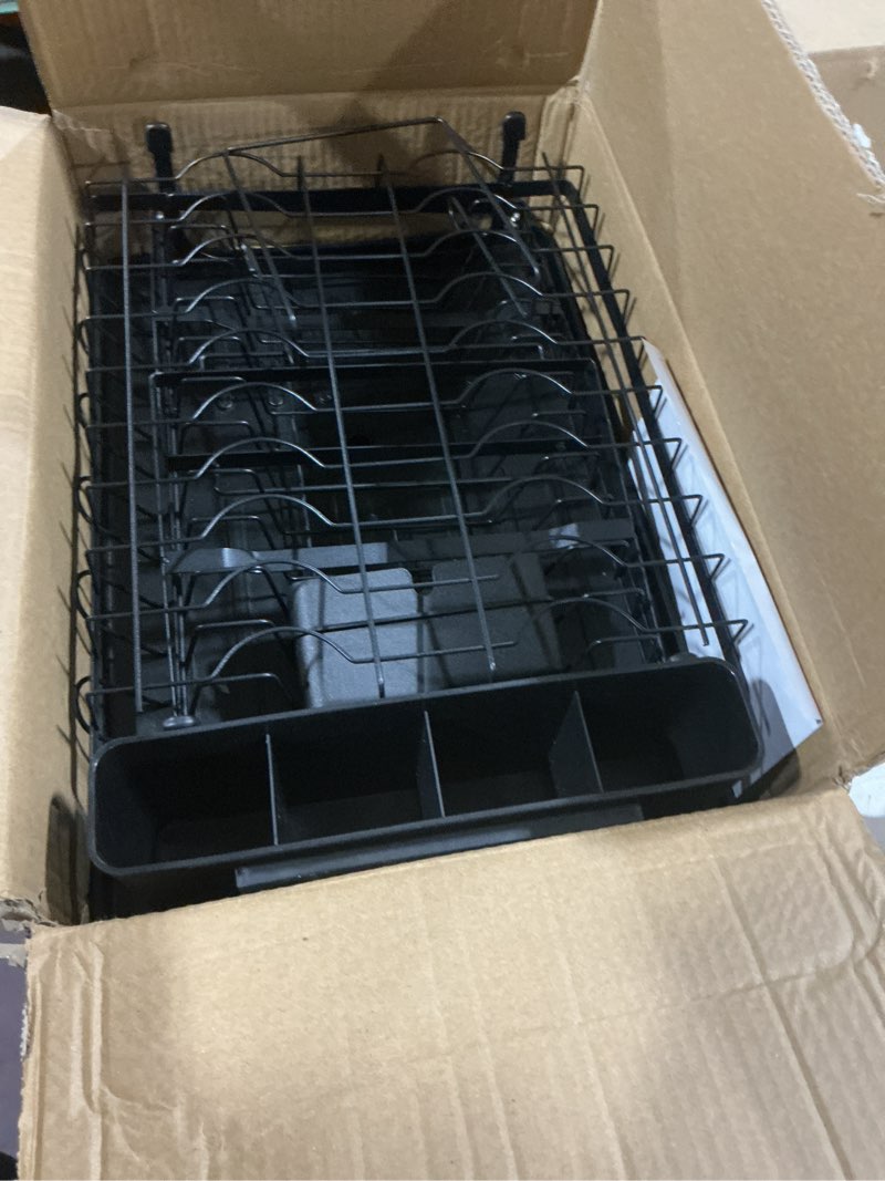 Condition photo showing As Is for dish drying rack for kitchen counter, large capacity, steel, with drainage tray and detachable cutlery holder, 16.5" d x 11.5" w x 11.5" h, black