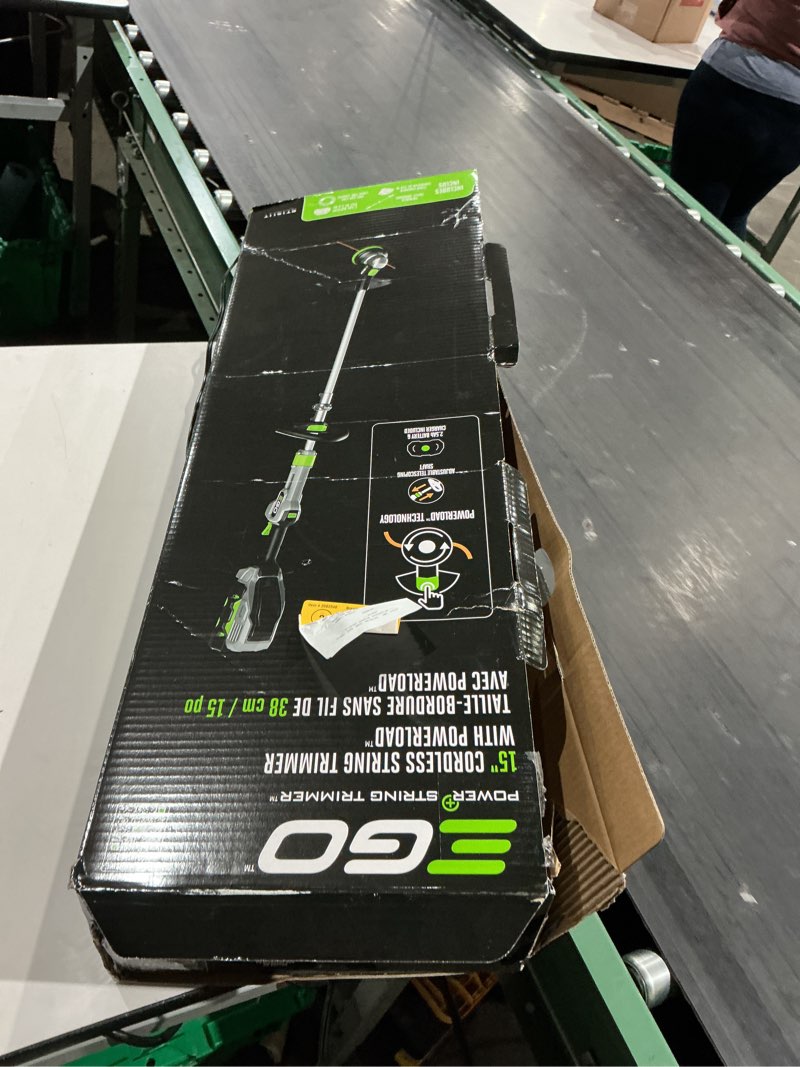 Condition photo showing As Is for ego powerload 56-volt 15-in telescopic shaft battery string trimmer 2.5 ah (battery and charger included)