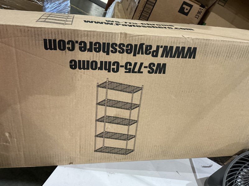 Condition photo showing Good Condition for sakugi storage shelves - 5 tier shelf organizer, heavy duty garage shelving unit with leveling feet, stable metal shelves organizer for pantry, kitchen and closet, 33.0" w x 12.6" d x 72.0" h, black black 33.0w×12.6d×72.0h(5t)