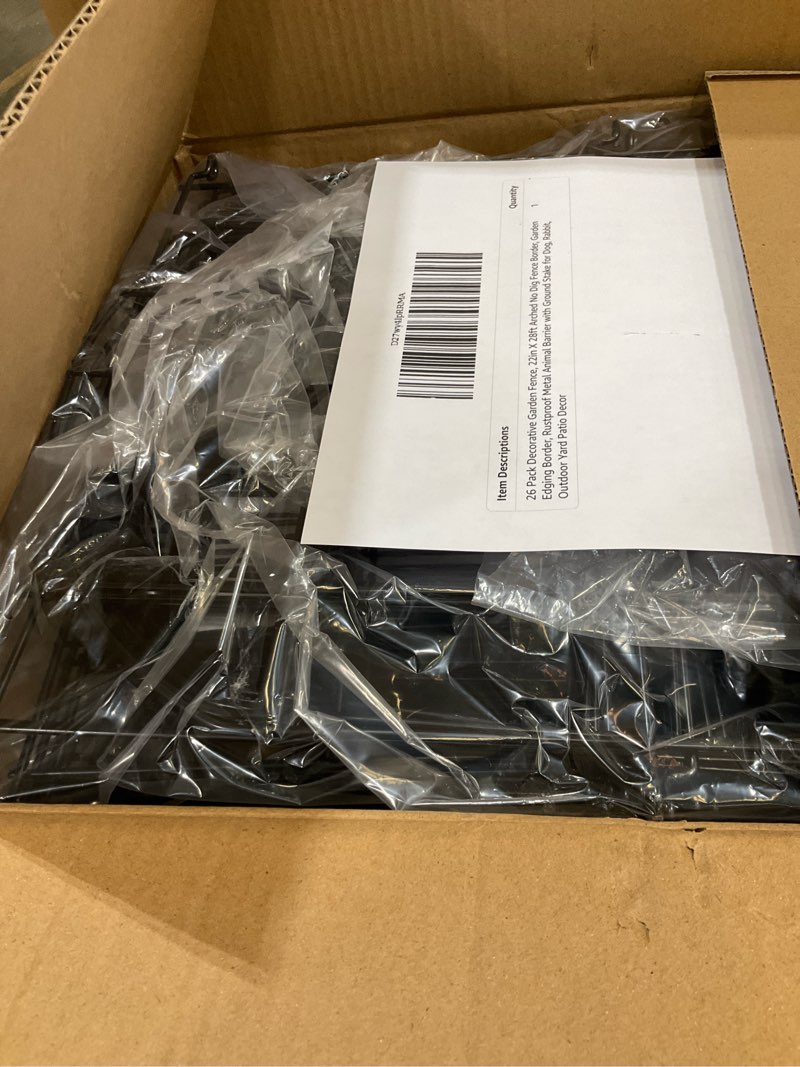Condition photo showing Good Condition for 26 pack decorative garden fence, 22in x 28ft arched no dig fence border, garden edging border, rustproof metal animal barrier with ground stake for dog, rabbit, outdoor yard patio decor 26 panels, 17in x 28ft black