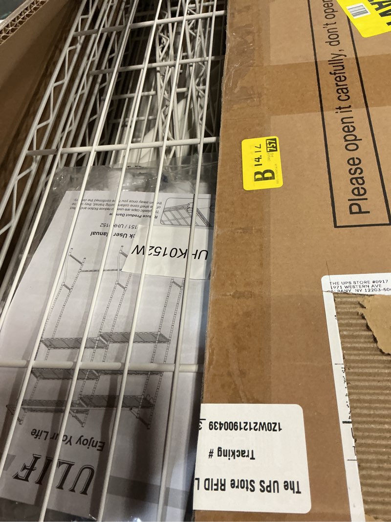 Condition photo showing New/Like New for Ulif U13 Over Washer and Dryer Storage Shelves, 6 Tiers Laundry Room Standing Shelf with 2 Hanger Rods, Space Saver Clothes Drying Rack, 63.4" W x 22" D x 77.4" H, White White U13 Standard