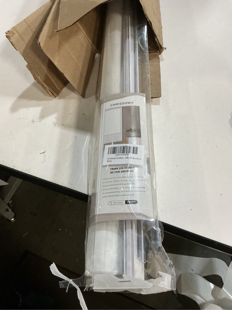 Condition photo showing As Is for ChrisDowa Cordless 100% Blackout Roller Shade, with Striped Jacquard, Thermal Insulated, UV Protection Fabric, Total Blackout Blinds for Window, French Doors, Home and Office. White, 54" W x 72" H 54"W x 72"H White