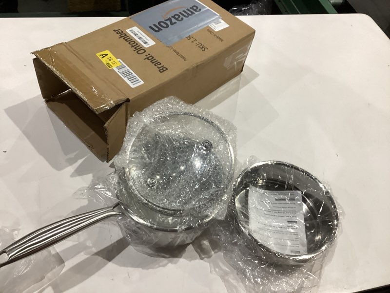 Condition photo showing Good Condition for ohtomber stainless steel sauce pan - tri-ply 1.5 quarts steamer for cooking, small cooking pot with steamer basket, sauce pan with lid, non stick saucepan, induction steam pot for vegetable, oatmeal stainless steel 1.5 qt
