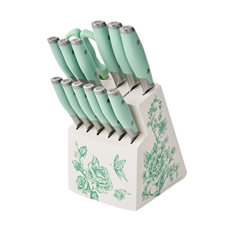 The Pioneer Woman 14 Pieces Knife Set with Decal Block Stainless Steel Knives, Forged, Green Agatha