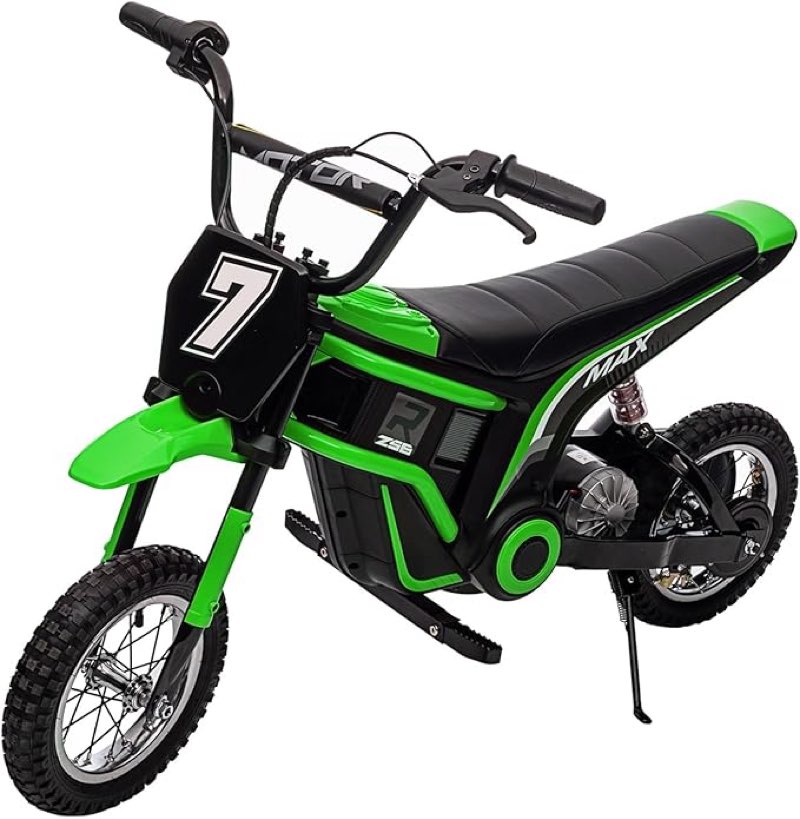 kids electric dirt bike for 6-12 years, 24v 350w electric motorcycle, 3 speed modes, top speed 14.29 mph, max weight 135 lbs, safe and shock proof, kids riding dirt bike, gifts for children green