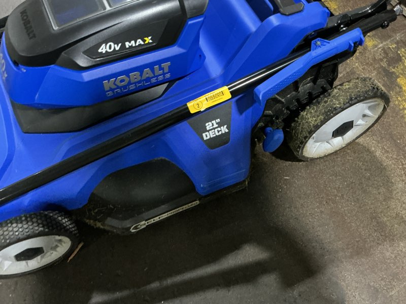 Condition photo showing As Is for kobalt 40-volt 21-in self-propelled battery walk mower only
