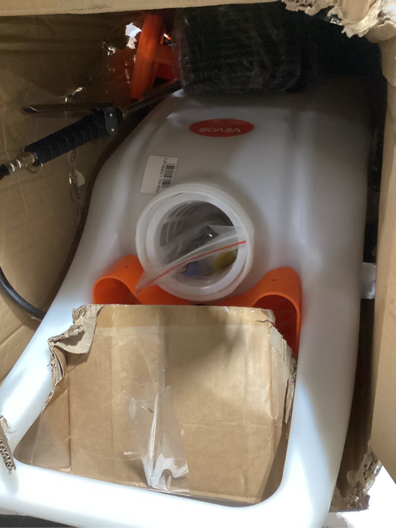 Condition photo showing As Is for VEVOR 13.1 Gallon Battery Powered Sprayer with Wheels, Adjustable 0-80 PSI, 5 Nozzles and 98ft Hose Included, Orange Tow-Behind