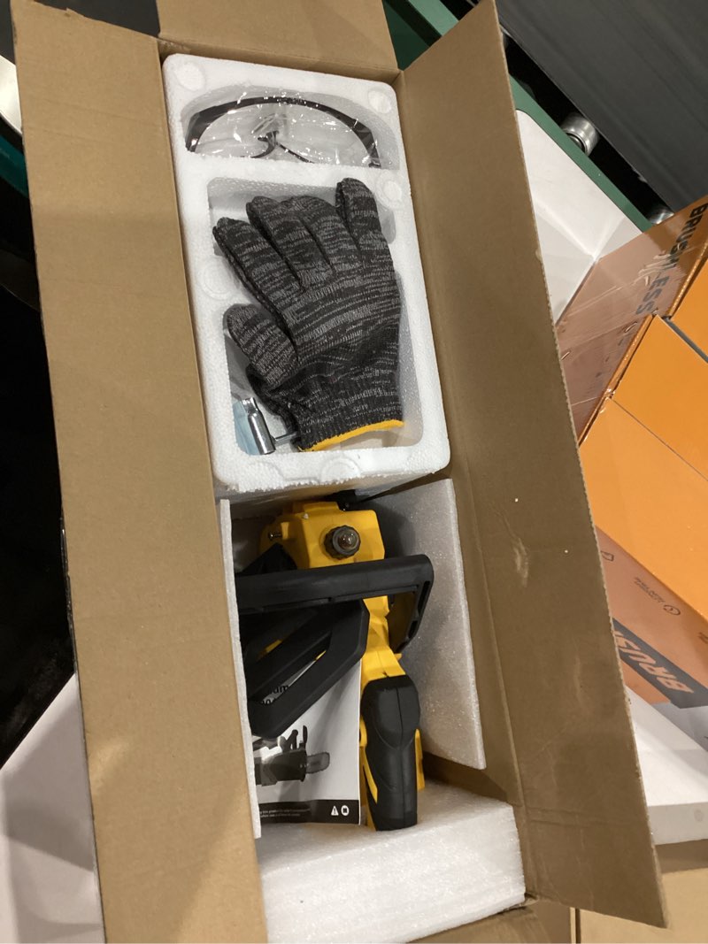 Condition photo showing New/Like New for 12-inch cordless electric brushless chainsaw compatible with dewalt 18-20v batteries, high-power 20v cordless chainsaw for wood cutting, tree trimming and yard garden maintenance(no battery included) yellow