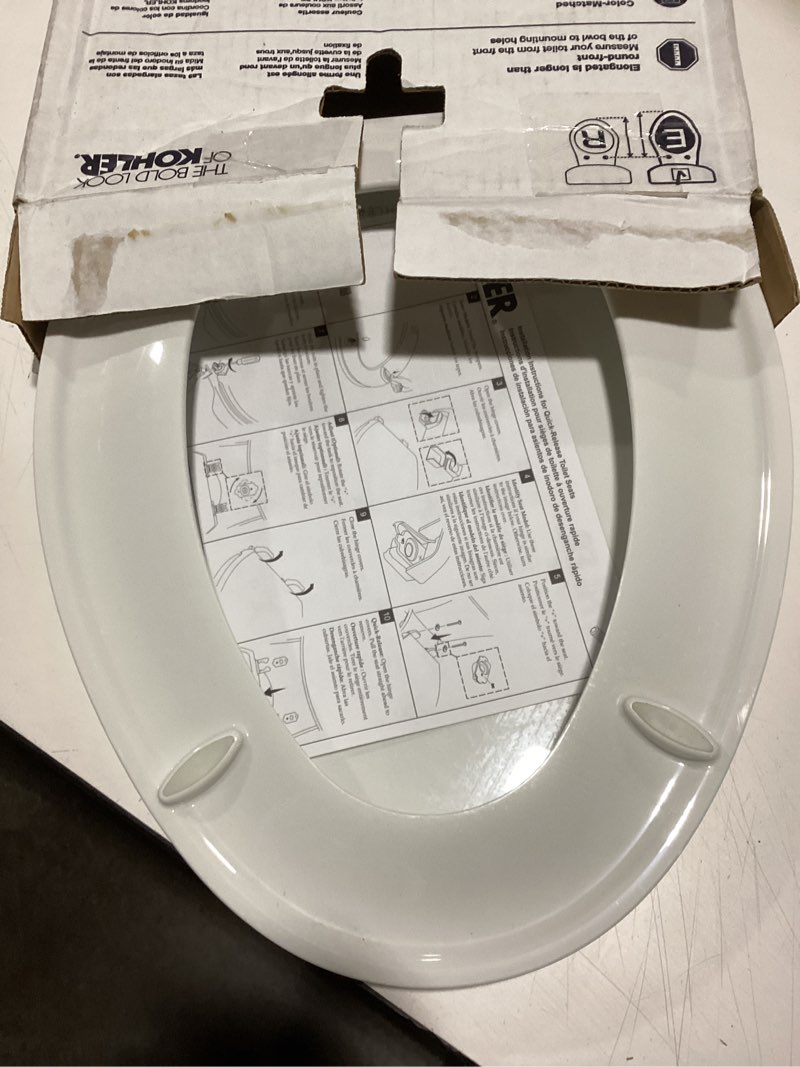 Condition photo showing Good Condition for KOHLER 20110-0 Brevia, Slow Close Toilet Seat, Elongated Toilet Seat, Grip-Tight Bumpers Quick-Attach Hardware, White White Elongated Quiet-Close