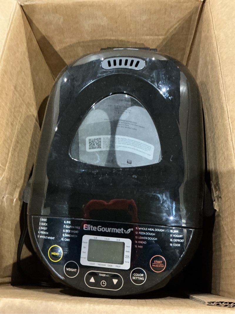 Condition photo showing As Is for elite gourmet programmable bread maker, 2 lb loaf, 3 sizes, 19 presets incl. gluten-free, dough & jam, delay timer, black