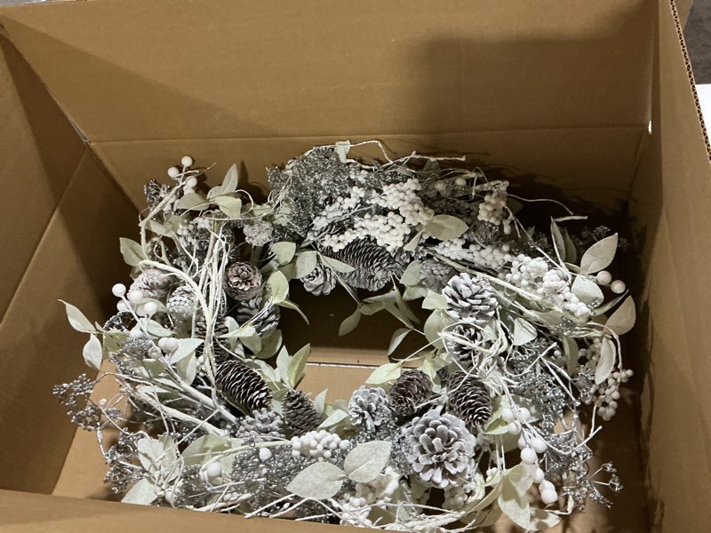Condition photo showing Good Condition for Birch Wreath with White Berries, Iced Pine Cones, Holly Leaf, Branch - 26" Winter Christmas Wreath for Front Door or Indoor Wall Window Thanksgiving Decor Silver Green