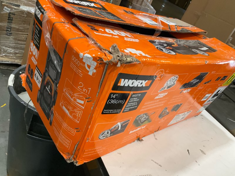 Condition photo showing As Is for worx 14" cordless lawn mower, 2 in 1 electric mower cuts quietly, compact & lightweight push lawn mower with 6-position height adjustment for small yards, 2 batteries & charger included, wg779 14" 40v mower w/(2) 4.0ah batteries