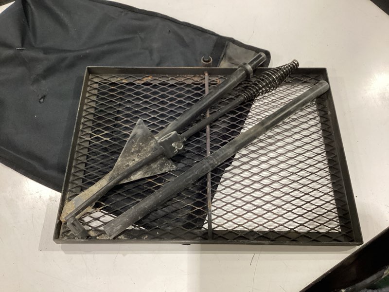 Condition photo showing As Is for swivel campfire grill grate, adjustable heavy duty steel open fire grill rack, fire pit grill grate over fire pit with carrying bag for outdoor camping bbq, rectangle black 12.6"x16.7" steel grill