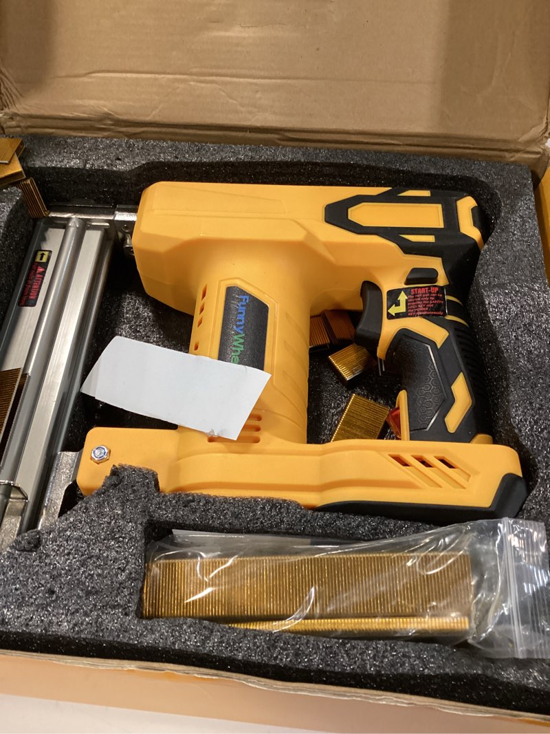 Condition photo showing Good Condition for 18 gauge brad nailer/narrow crown stapler compatible with dewalt 20v max battery(no battery) 2 in 1 cordless nail gun with 1000 nails and 1000 staples for home improvement, diy and woodworking yellow