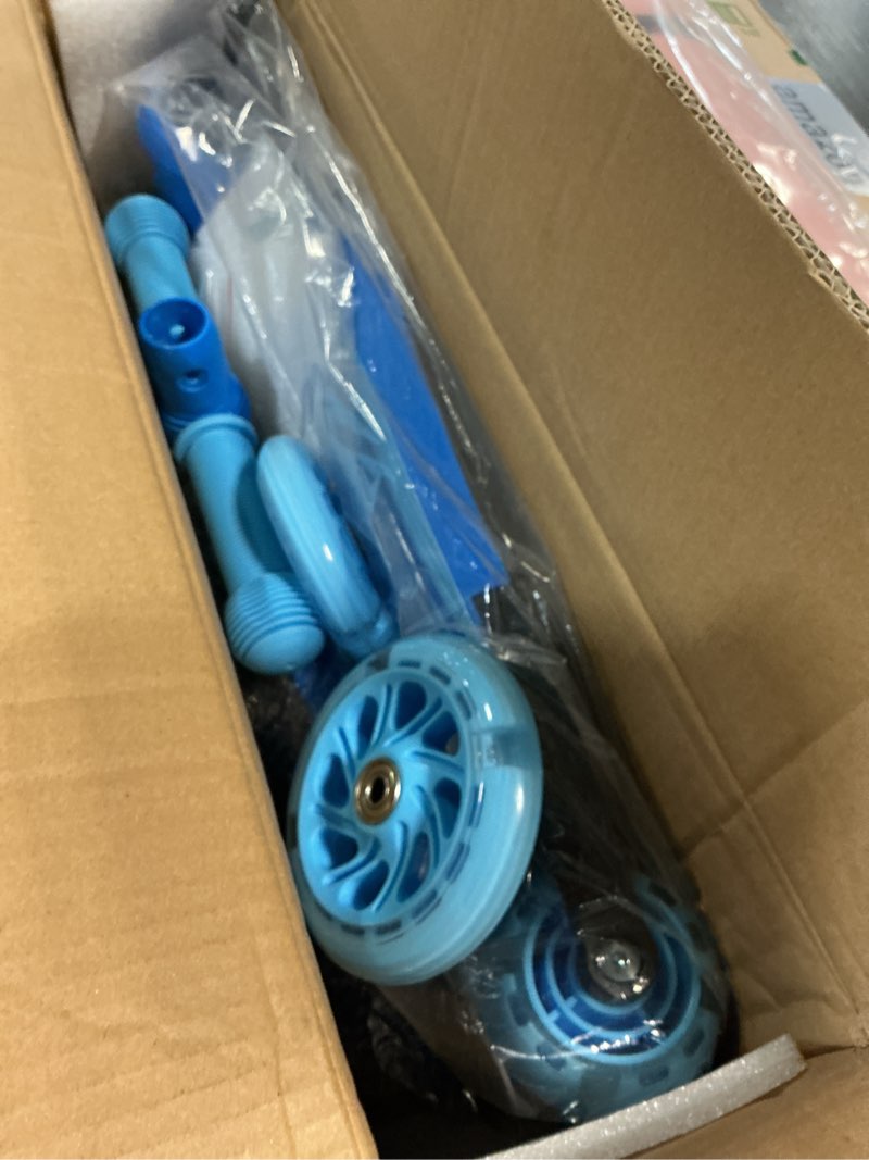 Condition photo showing New/Like New for gotrax ks3 kids kick scooter, led lighted wheels, adjustable height handlebars and removable seat, lean-to-steer & widen anti-slip deck, 3 wheel scooter for kids ages 2-8 and up to 110 lbs blue with seat
