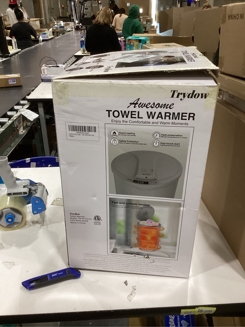 Condition photo showing New/Like New for ultra large capacity towel warmer bucket, rapid heating with timer, one-button digital display control, safety lock, gifts for him & her, auto shut-off, fits 2 large, blanket, bathrobe, gray grey