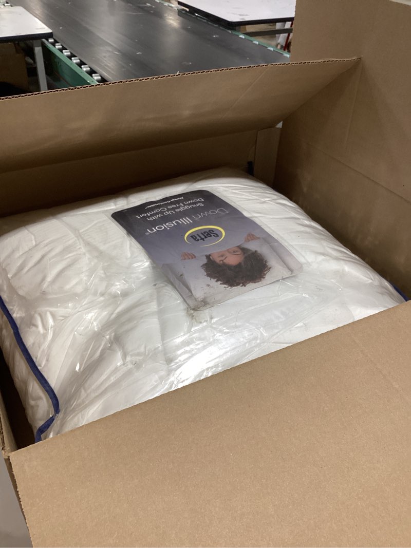 Condition photo showing As Is for serta down illusion soft hypoallergenic 2 inch pillowtop simple fit mattress topper, queen, white queen white