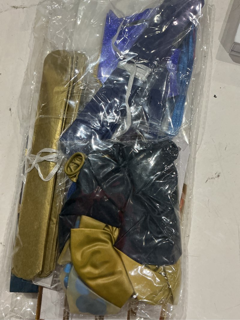 Condition photo showing Good Condition for navy-blue gold party-decorations graduation banner-streamers - 18pcs kits class of 2026 garland, paper tissue pom poms fan, honeycomb lanterns congrate grad congratulations decor panduola