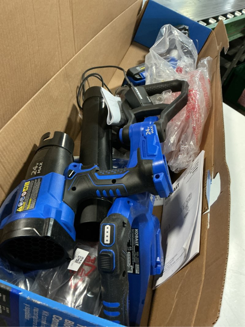 Condition photo showing As Is for kobalt 24-volt cordless battery string trimmer and leaf blower and combo kit 3 ah (battery included) (charger included)