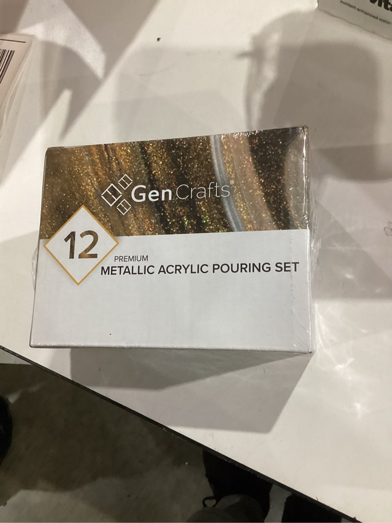 Condition photo showing New/Like New for GenCrafts Metallic Acrylic Pouring Paint 12 Colors Pre-Mixed High Flow & Ready to Pour - 2 oz./60 ml Bottles - Multi-Purpose Paints for Canvas, Paper, Rocks, Wood Metallic 12 x 60ml (2 fl oz)