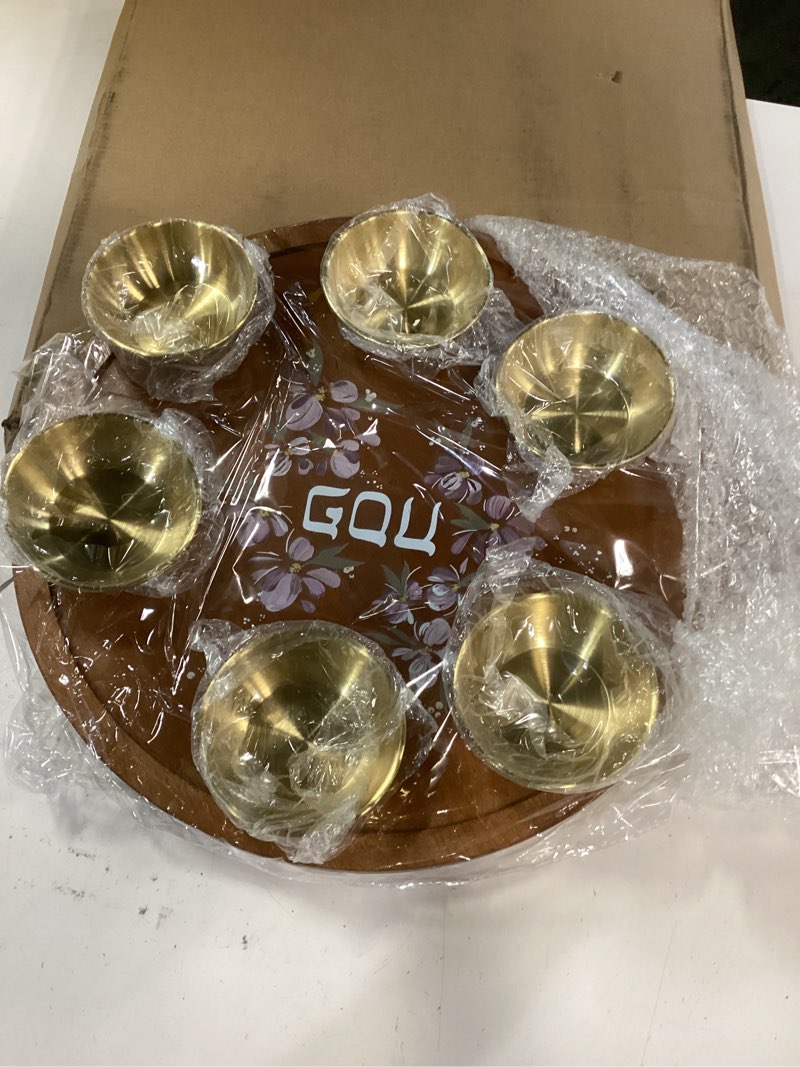 Condition photo showing New/Like New for 14 inch wooden passover seder plate with 6 gold metal dishes floral passover plates with hebrew “???” decorative wooden judaica plate for pesach seder table jewish holiday gift