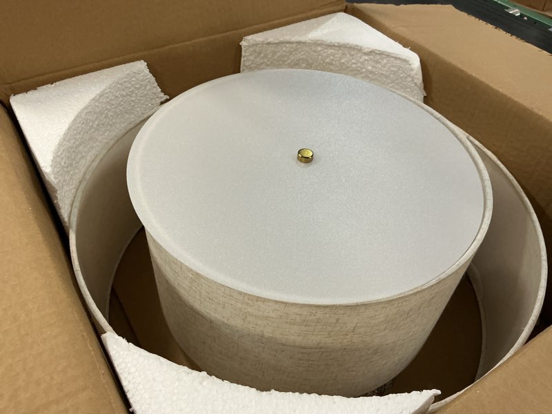 Condition photo showing Good Condition for 18 inch double drum large semi flush mount ceiling light, 3-light classic fabric linen shade design farmhouse gold light fixture for living room, bedroom, kitchen, dining room