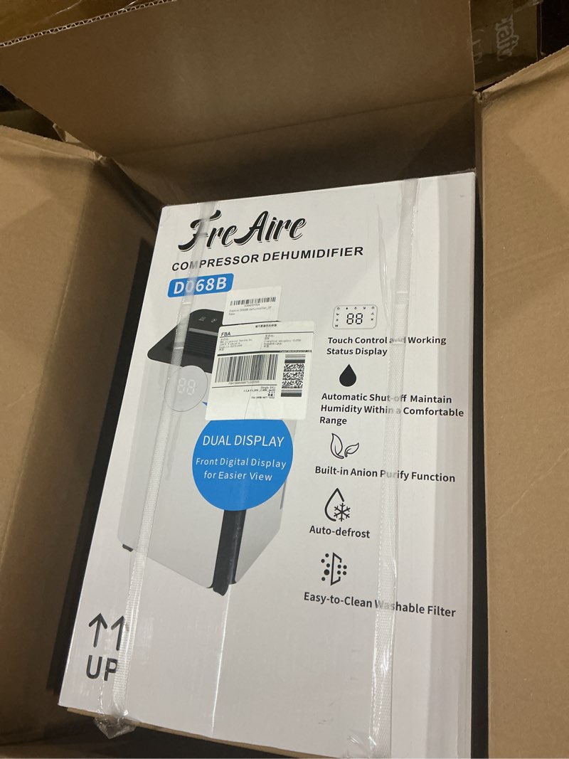 Condition photo showing New/Like New for freaire 54pint dehumidifier for 4500sq.ft, compressor dehumidifiers for home, front humidity value display&quiet dehumidifier for basement, bedroom, bathroom, with drain hose, 1.13 gallon water tank white