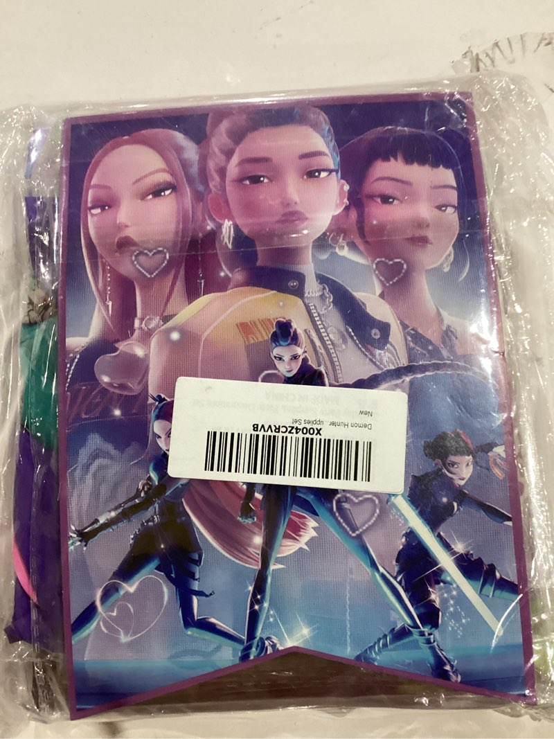 Condition photo showing As Is for Demon Hunters Birthday Decorations, Party Supplies Set Include Banner, Backdrop, Balloons, Hanging Swirls, Cake Cupcake Toppers, Tablecloth for Boys Girls Kpop Theme Party