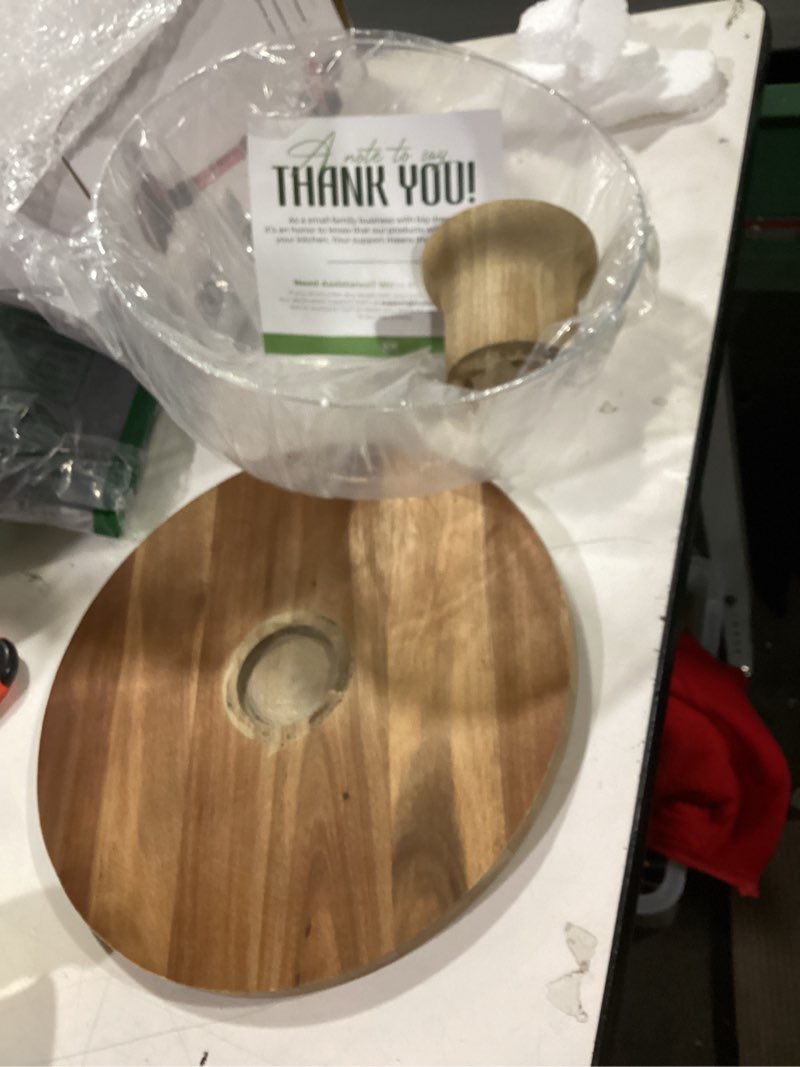 Condition photo showing As Is for linda’s essentials acacia wood cake stand with lid (acrylic) 12 inch round cake holder stand with 5 bonus cake sheets, 2-in-1 wooden cake stand with dome & charcuterie board for cheese, cake plate