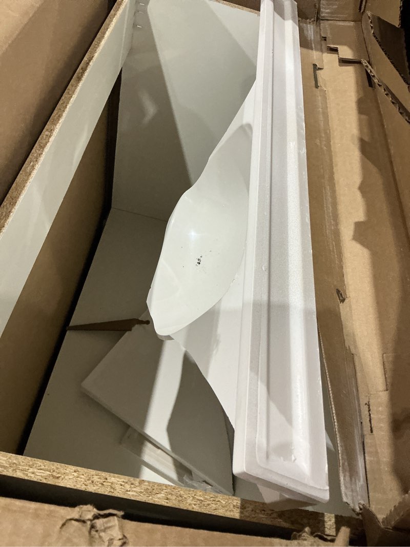 Condition photo showing As Is for damaged sink is shattered project source 36in vanity with white cultured marble top grey