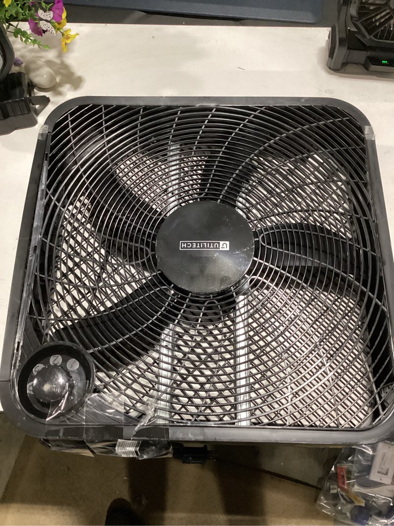 Condition photo showing As Is for utilitech 20-in high velocity indoor box fan, in black