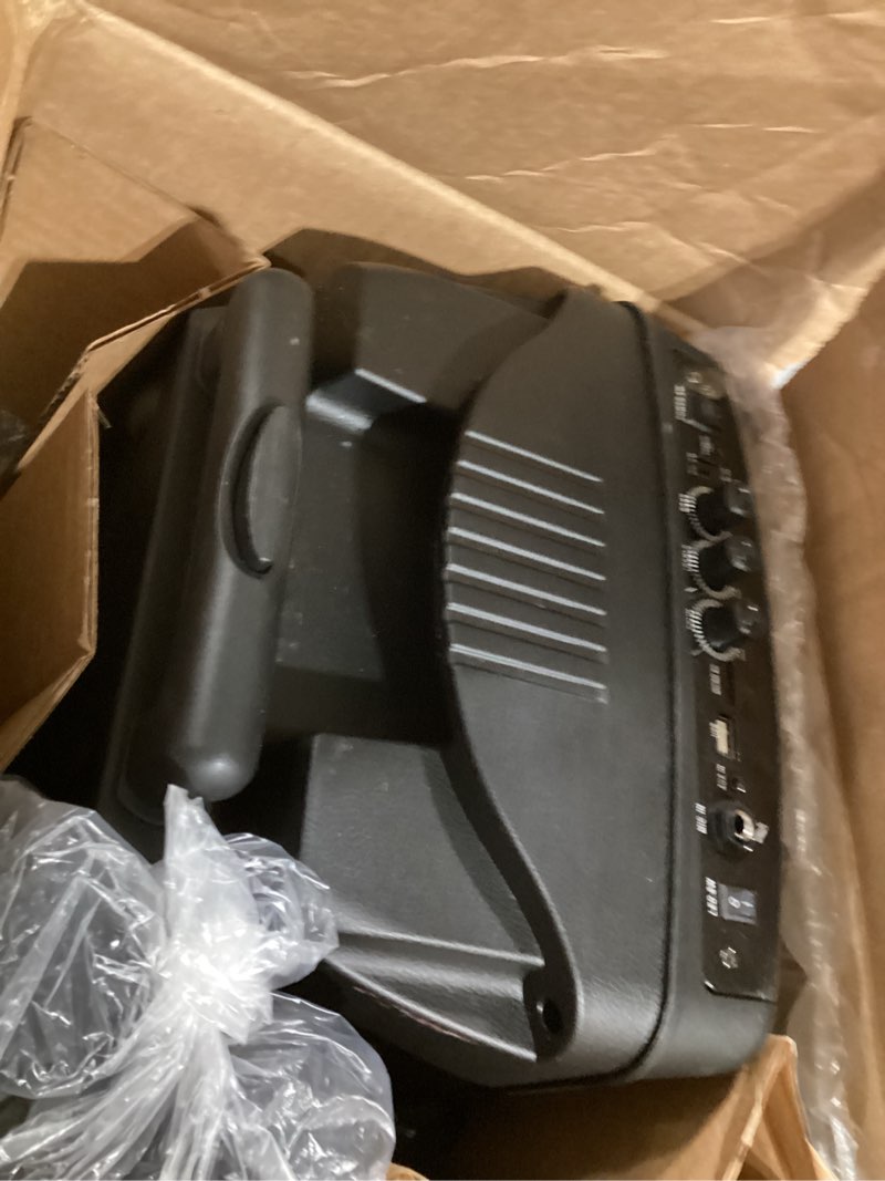 Condition photo showing As Is for pyle 680w portable bluetooth pa speaker - 10" rechargeable outdoor karaoke speaker, audio system w/wireless mic and wheels, tws, lights, led display, 6.5mm mic input, fm/aux/mp3/usb/sd